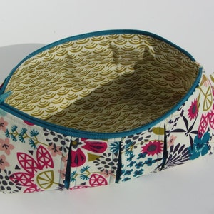 May include: A teal zippered pouch with a floral print and a gold and white patterned lining. The pouch has a pleated design and a small loop handle.