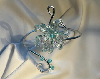 Handmade Azure Aluminum Wire Arm Cuff with Blue Beads – Boho Fairycore Elven Jewelry