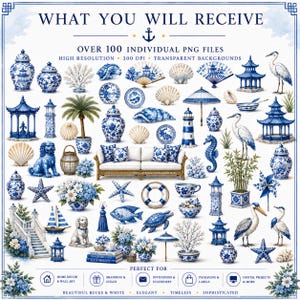May include: A digital collection of over 100 blue and white PNG files featuring Chinoiserie-style ginger jars, pagodas, sea life, shells, floral arrangements, a sofa, and nautical elements, all presented on a white background with text.