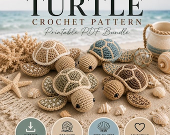 May include: A 4-in-1 turtle crochet pattern printable PDF bundle featuring three crocheted turtles in tan, blue, and olive green. The image includes text: 4-IN-1 TURTLE CROCHET PATTERN Printable PDF Bundle, Instant Download, Beginner Friendly, Step-by-Step Instructions, Amigurumi Pattern.