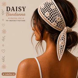 May include: A cream-colored crochet bandana featuring a grid pattern with small white daisy motifs and brown centers. The text on the left reads DAISY Bandanna DIGITAL PDF TO CROCHET PATTERN and LnkdJoy at the bottom with various floral icons.