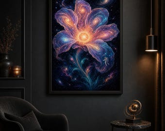 Lámina artística surrealista de flores cósmicas, decoración de pared de galaxia de astronautas