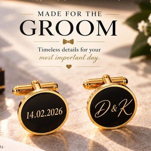 May include: A pair of round gold-tone cufflinks with black enamel centers. One cufflink features the date 14.02.2026 in gold lettering, while the other displays the initials D&K in a gold script font. The text HAND-POURED ENAMEL and MADE FOR THE GROOM is visible.