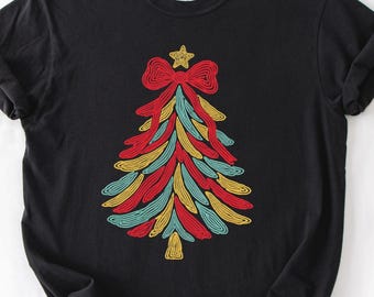 Retro Christmas Tree Shirt, Coquette Bow Christmas Tee, Vintage Doodle Christmas Sweatshirt, Holiday Christmas Gift for Her, Merry Xmas Tee