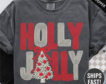 Holly Jolly Shirt, Retro Christmas Tree Sweatshirt, Coquette Bow Holly Jolly Tee, Christmas Holiday Gift for Her, Cute Merry Xmas Tee