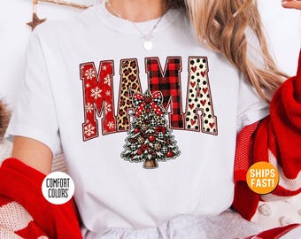 Mama Christmas Shirt, Leopard Christmas Tree Mama Tee, Retro Mama Christmas Sweatshirt, Christmas Gift for Mom, Cute Holiday Mom Tee