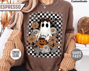 Floral Ghost Halloween Shirt, Checkered Spooky Ghost Tee, Fall Floral Bow Sweatshirt, Halloween Pumpkin Ghost Shirt, Fall Spooky Season Gift
