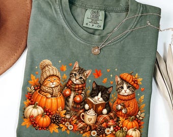 Fall Cats Shirt, Cozy Autumn Kitten Pumpkin Tee, Cat Mom Fall Sweatshirt, Pumpkin Season Cat Lover Gift, Cute Cozy Season Tee for Her