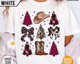 Western Christmas Shirt, Cowboy Boots Christmas Tree Tee, Pink Leopard Cowgirl Christmas Sweatshirt, Country Western Holiday Gift for Her