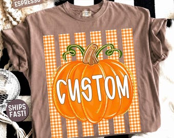 Comfort Colors® Custom Name Pumpkin Shirt, Personalized Fall Tee, Gingham Pumpkin Sweatshirt, Autumn Teacher Family Custom Gift