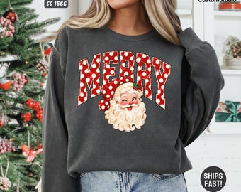 Merry Santa Sweatshirt, Vintage Santa Claus Christmas Shirt, Retro Merry Christmas Tee, Classic Santa Holiday Gift for Her, Xmas Crewneck
