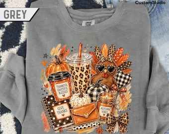 Comfort Colors® Thanksgiving Shirt, Thankful Grateful Blessed Tee, Fall Turkey Leopard Sweatshirt, Give Thanks Fall T-Shirt Autumn Vibes Top