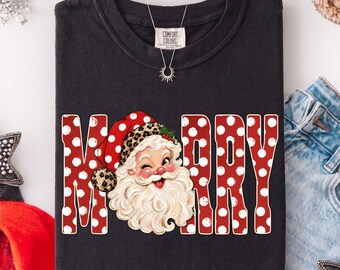 Leopard Santa Merry Shirt, Retro Santa Claus Christmas Tee, Vintage Merry Christmas Sweatshirt, Cute Santa Holiday Gift for Her, Xmas Tee