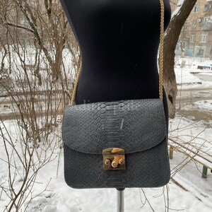May include: A dark gray crossbody bag with a snakeskin pattern. The bag has a gold-colored chain strap and a gold-colored clasp. The bag is displayed on a black mannequin.