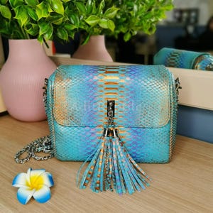 May include: A turquoise and gold snakeskin-patterned handbag with a silver chain strap. The bag features a flap closure and a decorative tassel. The bag is sitting on a wooden surface.