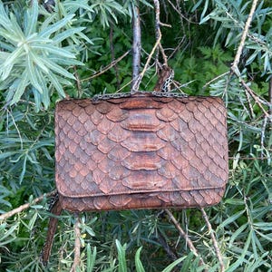 May include: A brown, rectangular handbag with a scale-like texture, featuring a chain strap. The bag is suspended amidst green foliage, creating a natural backdrop. The bag's color ranges from light to dark brown.
