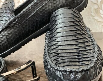 Black Python Leather Slip On | Luxury Exotic Skin Men's Dress Shoes | Handmade Reptile Oxfords