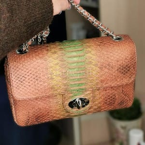 May include: A rectangular handbag with a chain strap. The bag features a snakeskin pattern in shades of brown, green, and yellow. It has a silver-colored clasp closure. The chain strap is silver and brown.