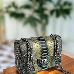 May include: A small, rectangular handbag with a chain strap. The bag is made of a snakeskin-like material in shades of green, gold, and black. It has a silver clasp and a chain strap.