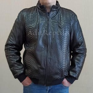 Black Python Leather Bomber Jacket | Luxury Exotic Skin Outerwear | Handmade Snake Jacket