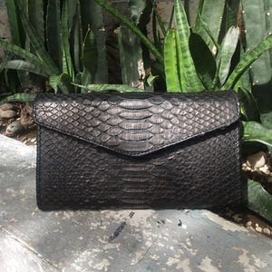 Black Python Skin Wallet | Luxury Exotic Leather Handbag | Handmade Reptile Purse