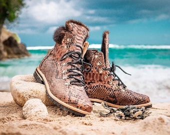 Handgefertigte Braune Python Stiefel | Exotische Schlangenhaut geschnürt Ankle Boots | Echtleder Luxus Schuhe