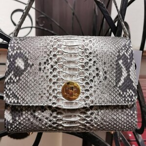 May include: A rectangular handbag with a snakeskin pattern in shades of gray and white. The bag features a gold-colored clasp and a matching shoulder strap. The bag is a small, stylish accessory.