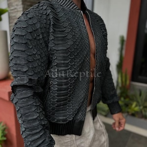 Black Matte Python Leather Bomber Jacket | Luxury Exotic Skin Outerwear | Handmade Snake Jacket
