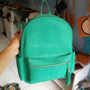 May include: A bright green backpack with a textured, reptile-like pattern. The backpack has a front pocket with a zipper and a tassel, side pockets, and a top handle. The text "Adit Reptile" is visible on the front.