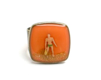 Beach ring, miniature ring,  summer ring. Miniature, diorama, Resin rings. Modern jewelry. Resin ring. orange ring. resin rings for women