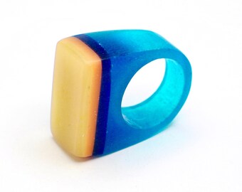 Resin rings. Resin jewelry. Blue, yellow, clear. Ombre. Modern jewelry. Cocktail ring. Rothko. Chunky Resin OOAK, resin rings for women