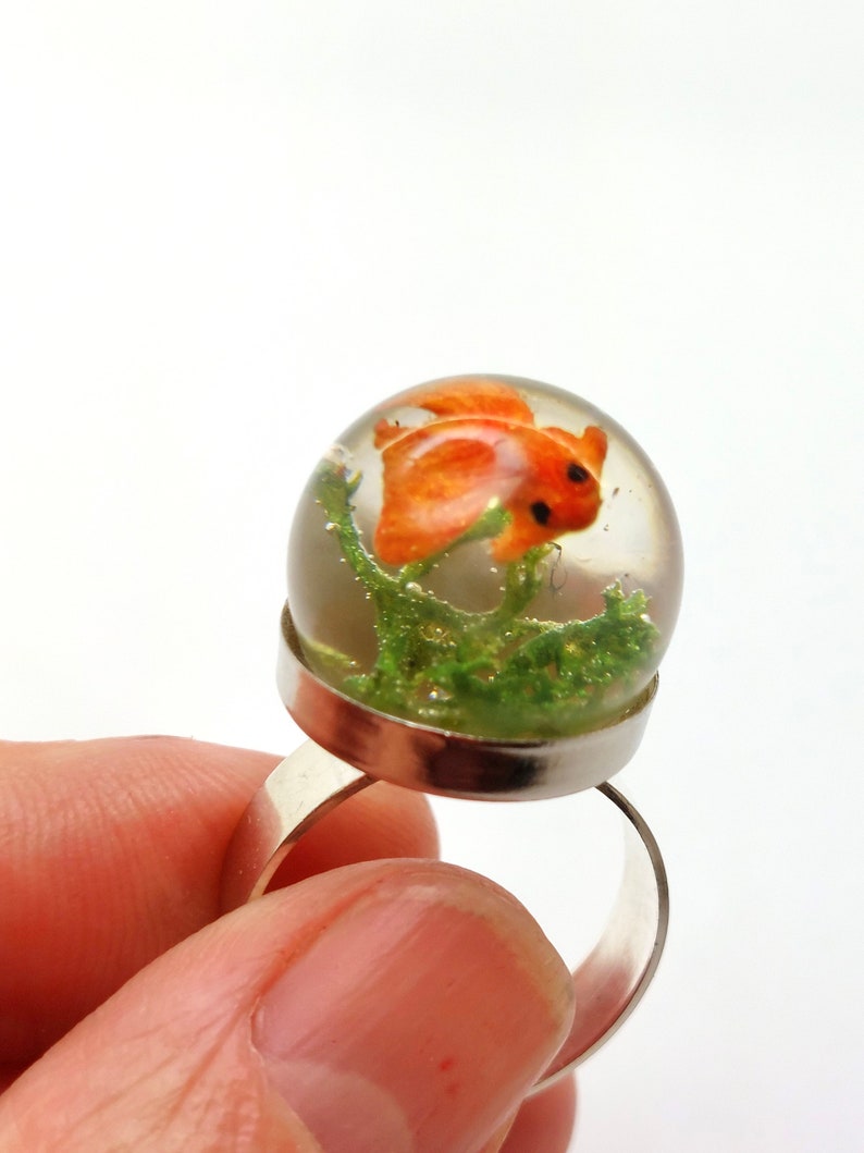 Goldfish ring. Resin ring. Resin jewelry. fish ring, fishbowl ring, fish bowl. miniature, sea animal, Whimsical, resin rings for women image 4