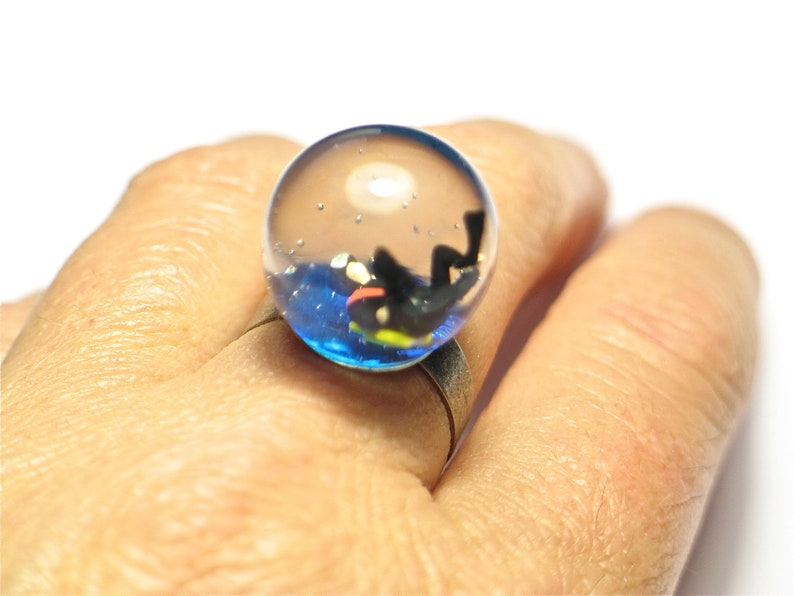 Diver ring, diving ring. Resin rings. Modern jewelry. resin jewelry, snow globe ring, miniature ring, resin rings for women, resin ring image 3