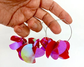 Modern flamenco earrings Hoop sequin earrings glam hoops earrings. Iridescent Pink flower petal earrings, lightweight earrings