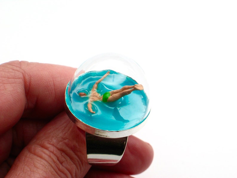 Chapuzón. Nadador anillo de resina, piscina, Plata de ley. Joyería moderna, joyería en resina, ajustable image 7
