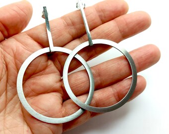 Steel hoops, Stainless steel earrings, Large steel hoops, geometric earrings  contemporary hoops , sphere