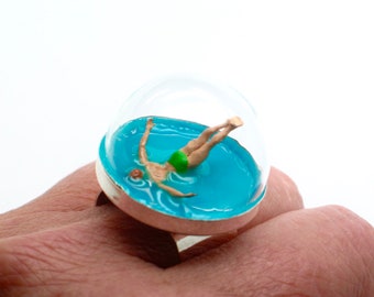 Splash ring. Dip. Swimmer resin ring, pool ring, Sterling silver. Modern jewelry, resin jewelry, adjustable