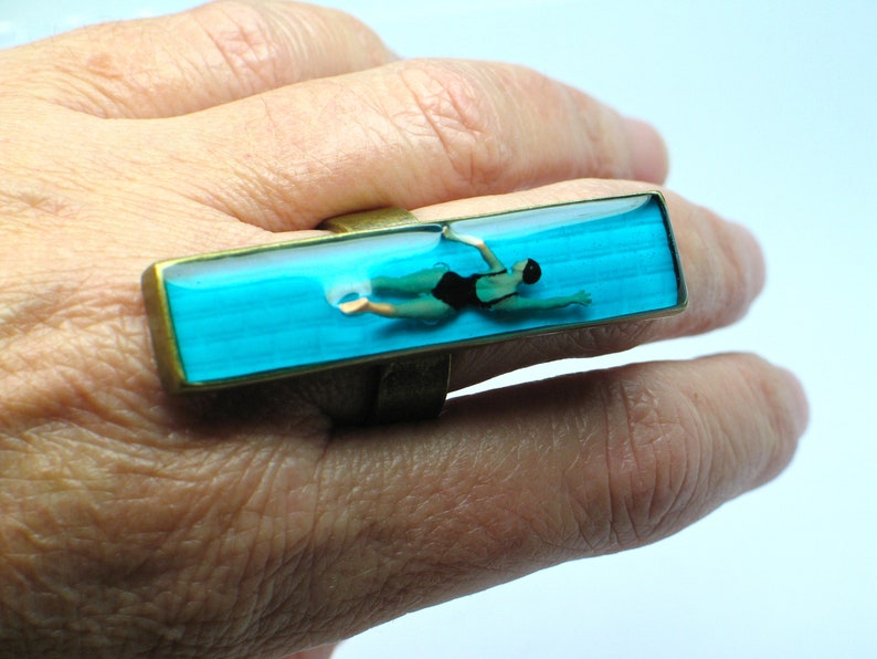 Resin rings, Swim ring, Resin ring, resin jewelry, Swimmer ring. Modern Jewelry , statement ring, cocktail ring. Swimming pool. diorama image 6