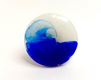 Hand-Painted Resin Wave Ring: Cobalt Blue Ocean Jewelry (35mm)