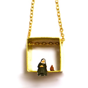 Nun Necklace, nun pendant, Brass Jewelry, catholic nun, religion, cube pendant, bras pendant, kawaii, cube, diorama