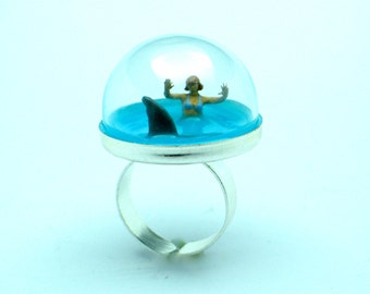 Shark ring, swimmer ring. statement jewelry, resin ring. animal jewelry, resin jewelry,  OOAK, diorama, gift for her