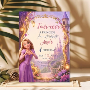 May include: A rectangular birthday invitation card featuring a cartoon character with long blonde hair in a purple dress, standing before a castle archway. Text reads: Four-ever, A PRINCESS, Join us to celebrate Anya's 4th BIRTHDAY, SAT 10 OCT, 1:00 PM - 2:00 PM, THE PAVILLION AT HARNES PARK.