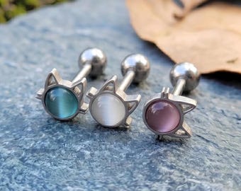 Cat Eye Tongue Ring Cat Shape Barbell 14g Surgical Steel Piercing Opal Tongue Jewelry Cute Gothic Witchy Cat Lover Gift
