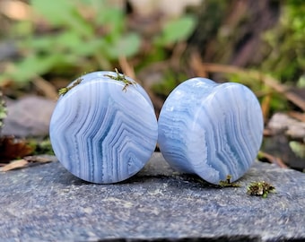 Natural Blue Lace Agate Plugs, Artisan Banded Agate Plugs, Double Flat Stone Gauges, Handcrafted Pair