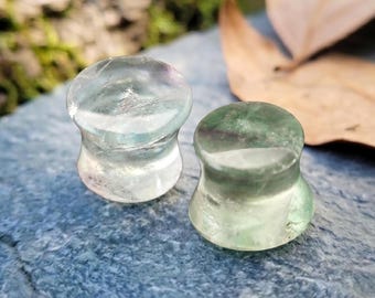 Rainbow Fluorite Plugs Single Flat Flare Gauges Icy Green Purple Crystal Tunnels Elven Fairycore Witchy Piercing