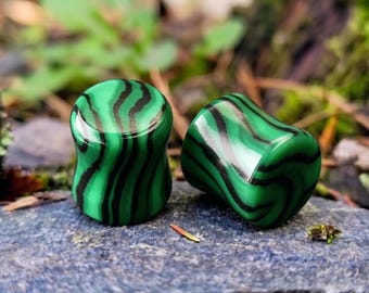 Banded Malachite Double Flat Plugs, Artisan Striped Green Plugs, Double Flat Ear Gauges, Handcrafted Solid Pair