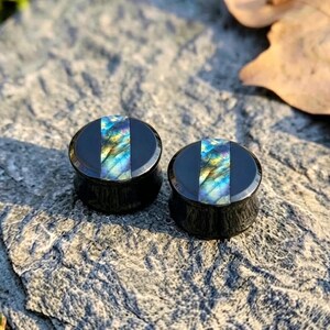 Round Labradorite Obsidian Plugs Stripe Inlay Geometric Stone Gauges Cyberpunk Witchy Goth Gift Double Flare Pair