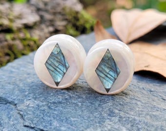 Labradorite White Shell Plugs, Artisan Geometric Inlay, Blue Flash Double Flat Gauges, Handcrafted Double Flare Pairs