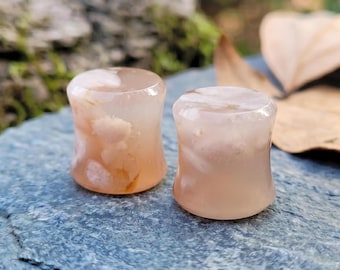 Cherry Blossom Agate Plugs Double Flare Tunnels Icy Pink Chalcedony Gauges Fairycore Floral Body Jewelry Pair Sizes