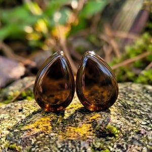 May include: A pair of teardrop-shaped ear plugs made of smooth, translucent dark brown material. The plugs feature a polished, reflective surface that catches the light, showcasing a deep amber hue throughout the teardrop form.